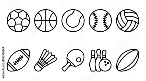 A clean, minimalist collection of line art icons featuring various popular sports balls and equipment, perfect for websites, apps, or print.