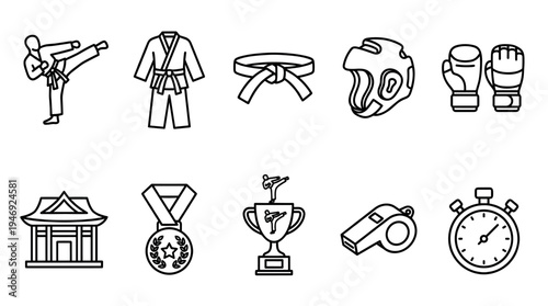 A collection of stylized line art icons depicting various elements of martial arts, including a fighter, uniform, belt, headgear, gloves, dojo, medal, trophy, whistle, and stopwatch.