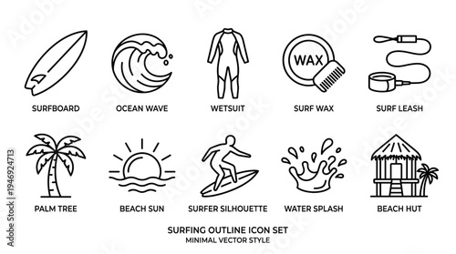 A collection of minimalist outline icons depicting surfing equipment, beach elements, and ocean activities, perfect for travel or summer themes.