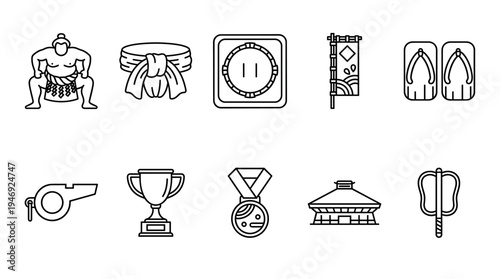 A clean and modern set of line art icons representing various elements associated with sumo wrestling and Japanese culture, perfect for sports or travel themes.