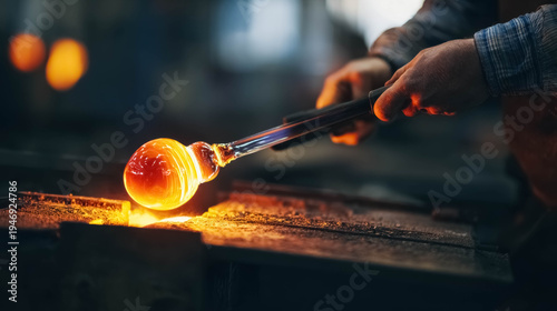 Glassblower gathering molten glass on blowpipe in workshop