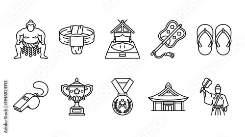 A clean outline vector illustration of various Japanese sports and cultural elements, including sumo, traditional attire, and winning symbols.