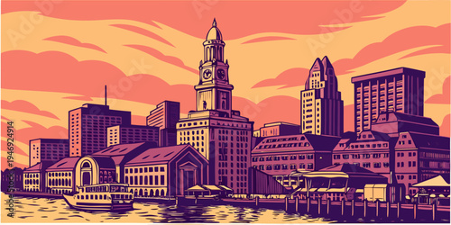 USA, US, U.S, United States - Boston Harbor Skyline at Sunset – Historic New England Architecture and Scenic Waterfront Panorama in the United States