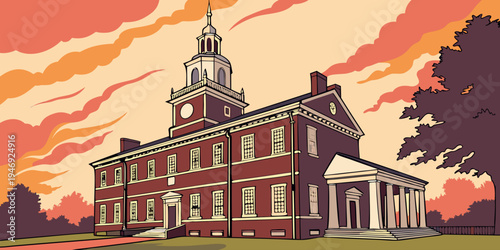 USA, US, U.S, United States - Independence Hall at Sunset – Colonial Brick Landmark Panorama and Historic American Scenery in the United States
