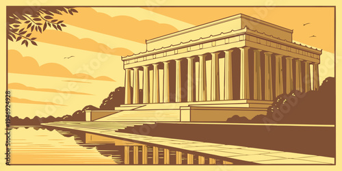 USA, US, U.S, United States - Lincoln Memorial at Sunrise – Reflecting Pool Panorama and Monumental Neoclassical Architecture in the United States