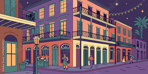 USA, US, U.S, United States - New Orleans French Quarter Night Panorama – Colorful Balconies, Jazz Vibe, and Vibrant Historic Streets in the United States