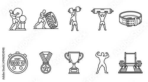 A clean line art illustration set featuring various symbols of strength training and athletic achievement including a stopwatch, medal, trophy, and athletes.