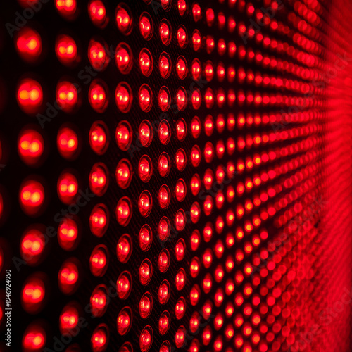 Red light therapy texture close up glowing LED lights in repeating pattern creating vibrant and energetic visual effect