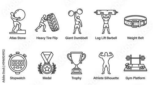 A collection of clean line art icons depicting various aspects of fitness, weightlifting, and athletic competition, suitable for sports and health-related themes.