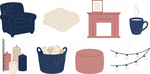 Cozy hygge living room decor with plush armchair chunky knit blanket fireplace mantel pillar candles wicker basket globe lights in dusty rose warm white navy for hygge home design