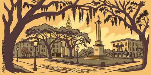 USA, US, U.S, United States - Savannah Historic Square at Sunset – Oak Trees with Spanish Moss and Classic Southern Landscape Panorama in the United States