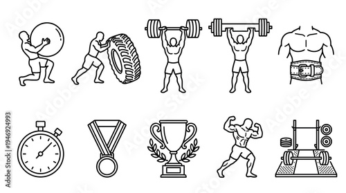 A collection of simple line art icons representing various aspects of fitness, strength training, and athletic achievement, including weightlifting, tire flips, and awards.