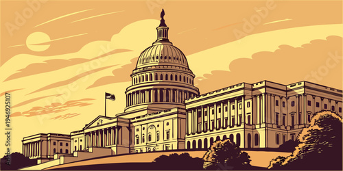 USA, US, U.S, United States - United States Capitol Glowing Dome at Sunset – Historic Government Landmark and Iconic Washington Skyline Panorama