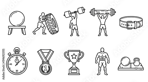 A collection of line art icons representing fitness, strength training, and athletic achievement, including weights, a stopwatch, and trophies.