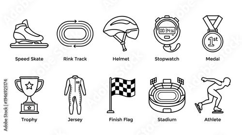 A clean vector set of speed skating and racing icons including an athlete, skate, track, helmet, stopwatch, medal, trophy, jersey, and flags.