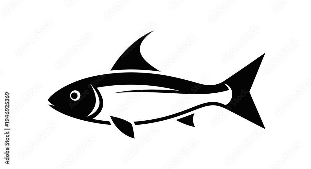 Fototapeta premium A simple black and white graphic illustration of a fish with a prominent dorsal fin, depicted in profile swimming left.
