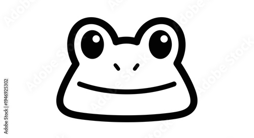 Simple black and white cartoon drawing of a friendly frog's head with big eyes and a smile.