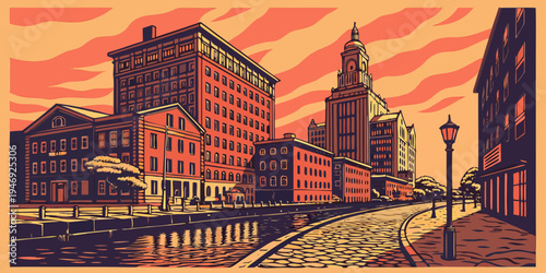 USA, US, U.S, United States - Providence Downtown River Sunset Panorama – Historic New England Architecture in the United States