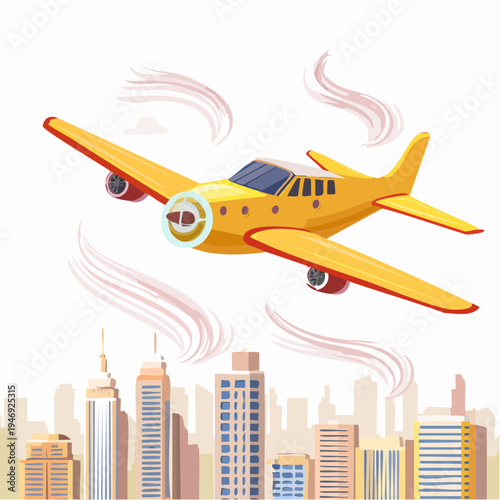 A vintage yellow airplane flies over a cityscape with buildings and smoke trails