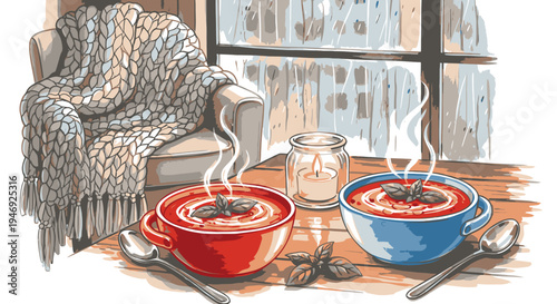 Cozy Scene with Steaming Soup Bowls.