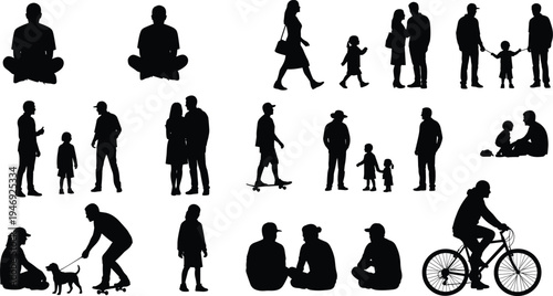 People activity silhouettes collection, family walking sitting cycling skating and dog walking isolated on white background representing lifestyle activities