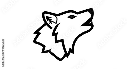 A black and white illustration of a wolf's head howling, looking up with an open mouth.