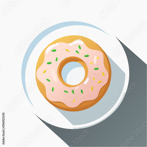 Sweet pink frosted donut with sprinkles on a white plate with long shadow