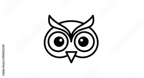 A minimalist black and white line art illustration of an owl's head with large eyes and prominent eyebrows, facing forward.