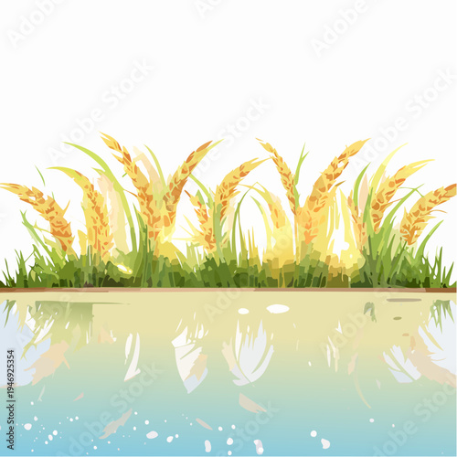 Golden wheat stalks with lush green grass reflected in calm blue water