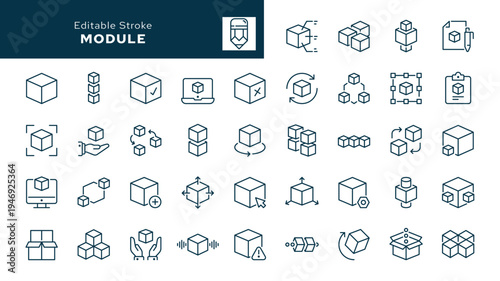 Module. Set of outline icons. Cube, box, geometric shape, model, block, product. Line icon in linear style. Vector collection