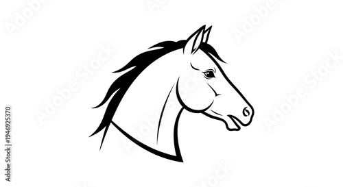 Stylized black and white illustration of a horse's head in profile, showing its mane and strong features.