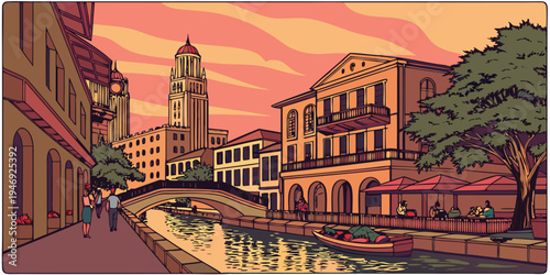 USA, US, U.S, United States - San Antonio River Walk Sunset – Colorful Lights, Historic Spanish Architecture, and Scenic Waterfront Panorama in the United States