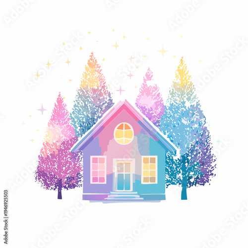 Cozy winter cottage surrounded by colorful pine trees with sparkling stars