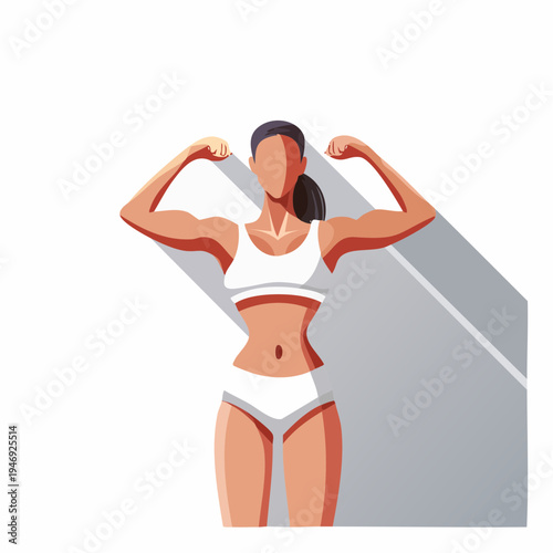 Strong and confident woman flexing biceps, showcasing physical health and determination