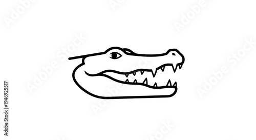 Simple black and white line drawing of an alligator or crocodile head with its mouth open, showing sharp teeth.