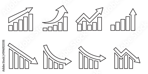 Stock market trend up and down arrows, financial graphs, and business investment growth and loss arrow, graph going up and down symbol with green and red arrows, vector illustration