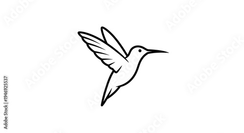 A minimalist black and white line art illustration of a hummingbird in flight, showcasing its delicate wings and long beak.