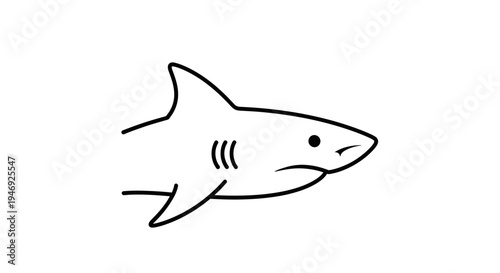 Simple black and white line art illustration of a shark swimming, showing its head, dorsal fin, and gills.