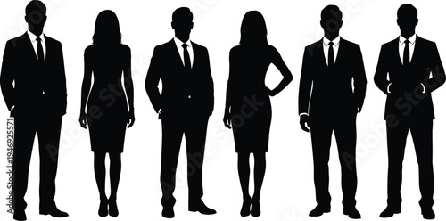 Business team silhouettes standing together, professional men and women in formal suits isolated on white background representing corporate teamwork leadership concept