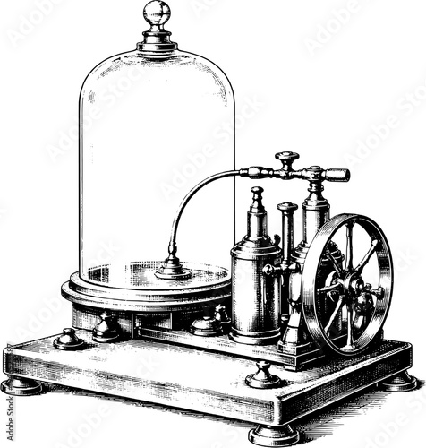 Victorian laboratory vacuum pump with glass bell jar engraving scientific illustration
