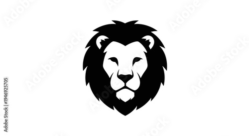 A striking black and white graphic illustration of a majestic lion's head with a full mane, facing forward.