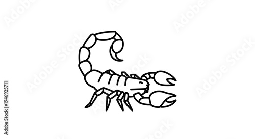 A black and white line art drawing of a scorpion with its tail curled over its back, ready to strike.