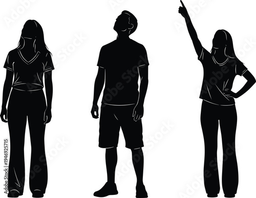 Young people silhouettes standing and pointing, casual lifestyle youth concept, modern individuals isolated on white background
