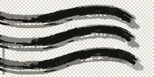 Three abstract brush strokes in varying shades of gray and black