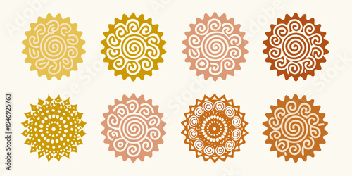 Eight decorative spiral medallions in varying shades of orange and gold