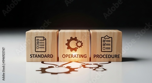 Standard Operating Procedure Concept with Wooden Blocks and Gear Icons.