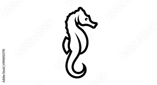 A minimalist black and white outline illustration of a seahorse, facing right, with a curled tail and distinctive head shape.