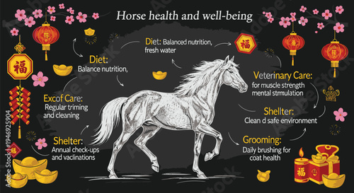 Horse Health and Wellbeing Infographic with Chinese Elements.