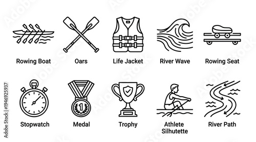 A clean vector graphic collection of rowing sport icons, including a boat, oars, life jacket, wave, seat, stopwatch, medal, trophy, athlete silhouette, and river path.