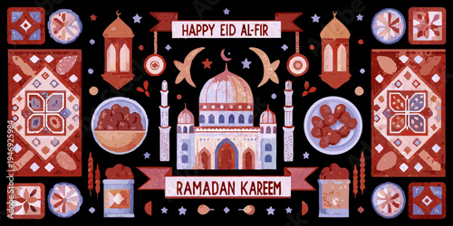 Festive eid al fitr and ramadan kareem illustration with islamic architecture